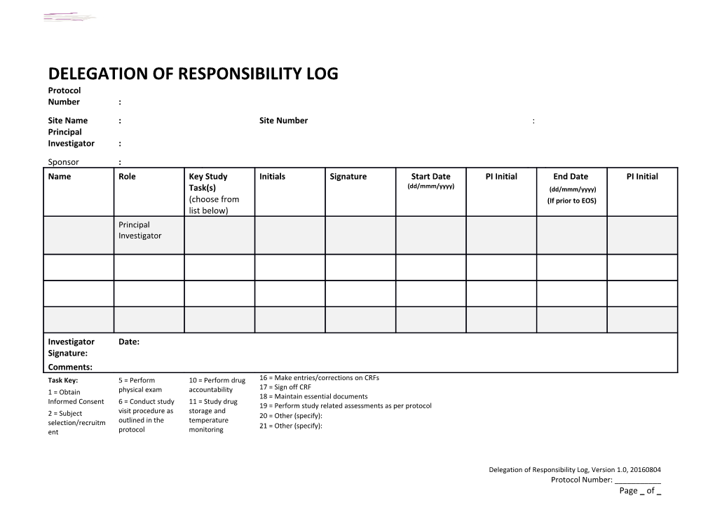 Delegation of Responsibility Log