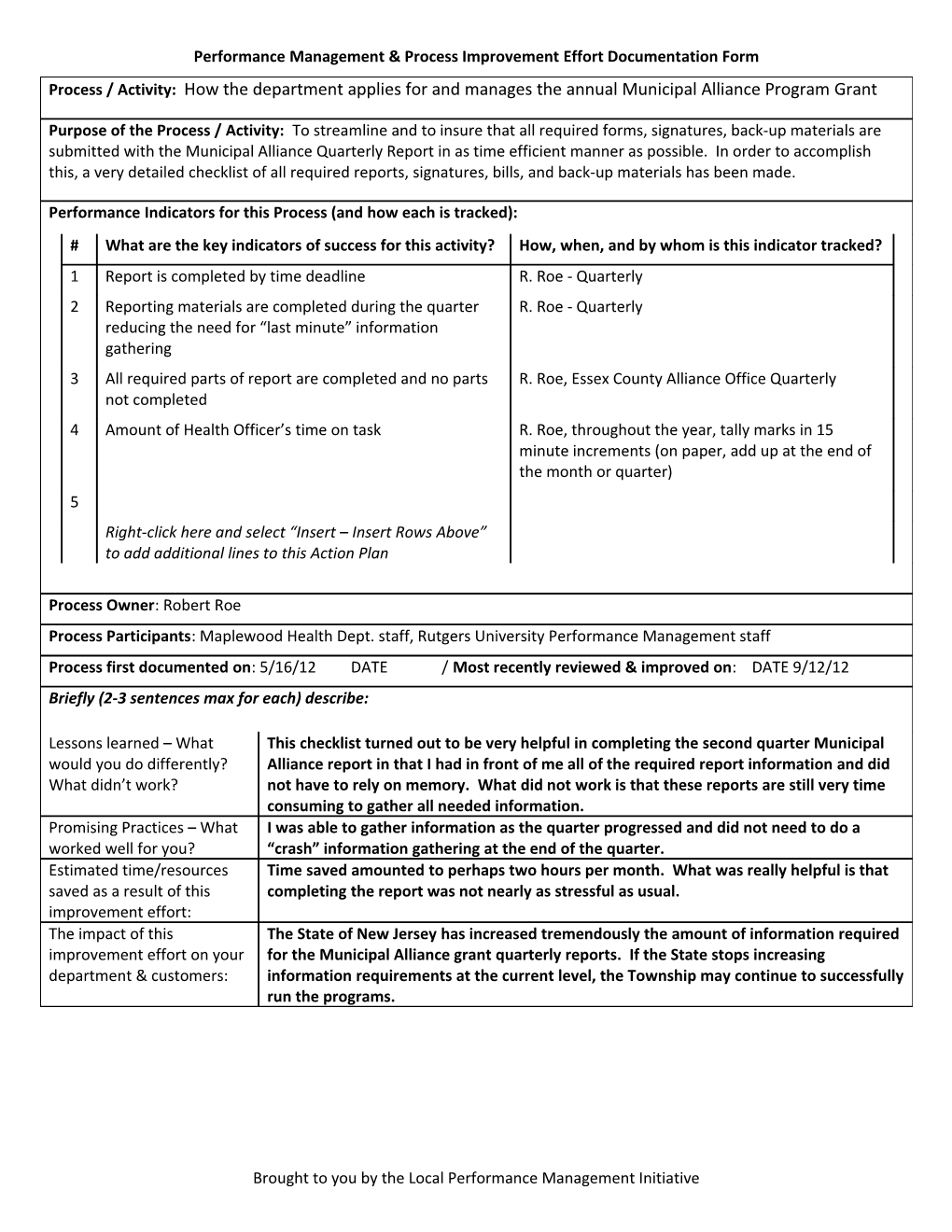 Performance Management & Process Improvement Effort Documentation Form