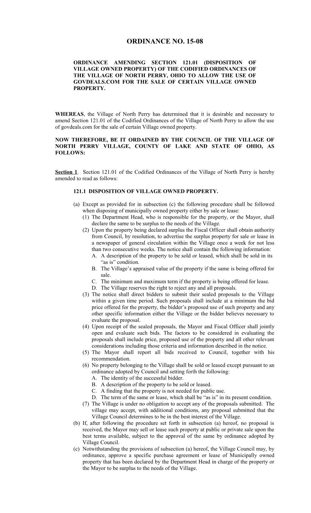 Ordinance Amending Section 121.01(Disposition of Village Owned Property) of the Codified