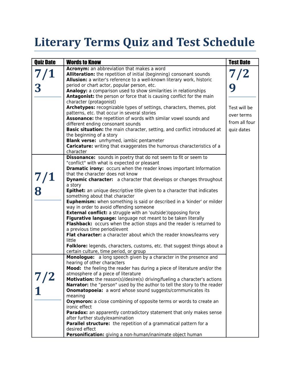 Literary Terms Quiz and Test Schedule