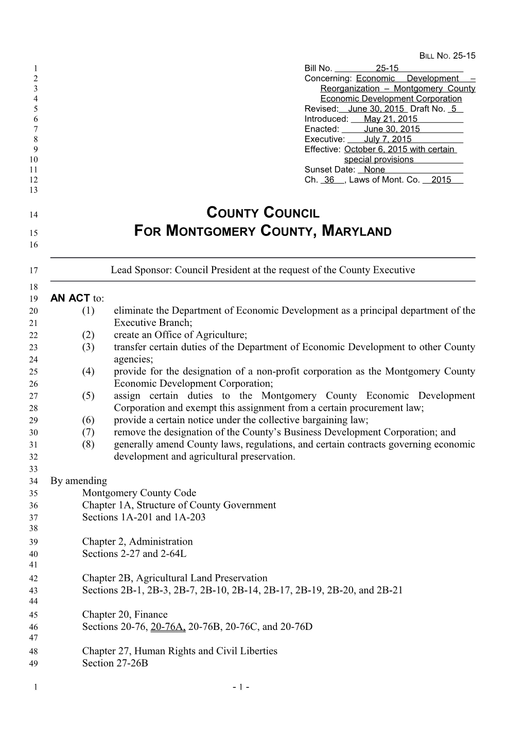 Concerning: Economic Development Reorganization Montgomery County Economic Development
