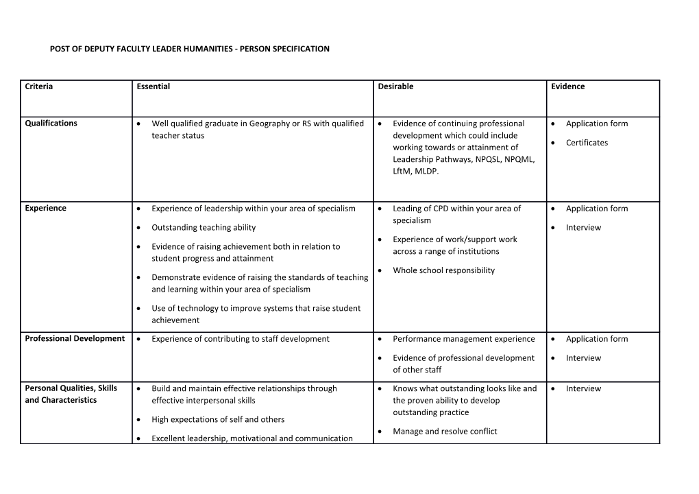 Post of Deputy Faculty Leader Humanities - Person Specification