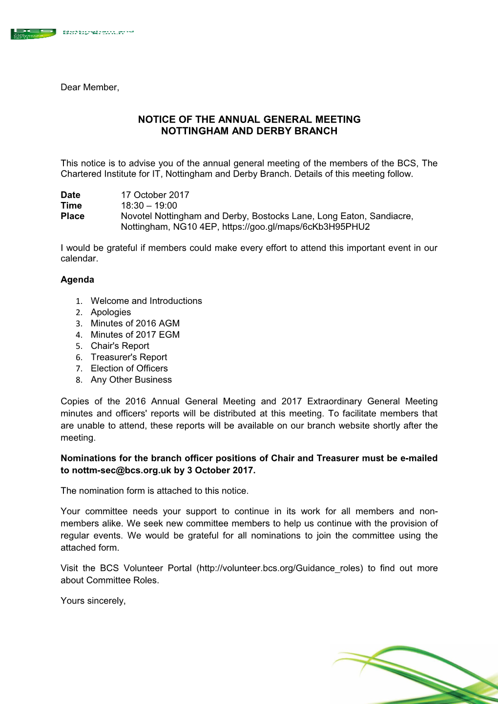 Notice of the Annual General Meeting Nottingham and Derby Branch