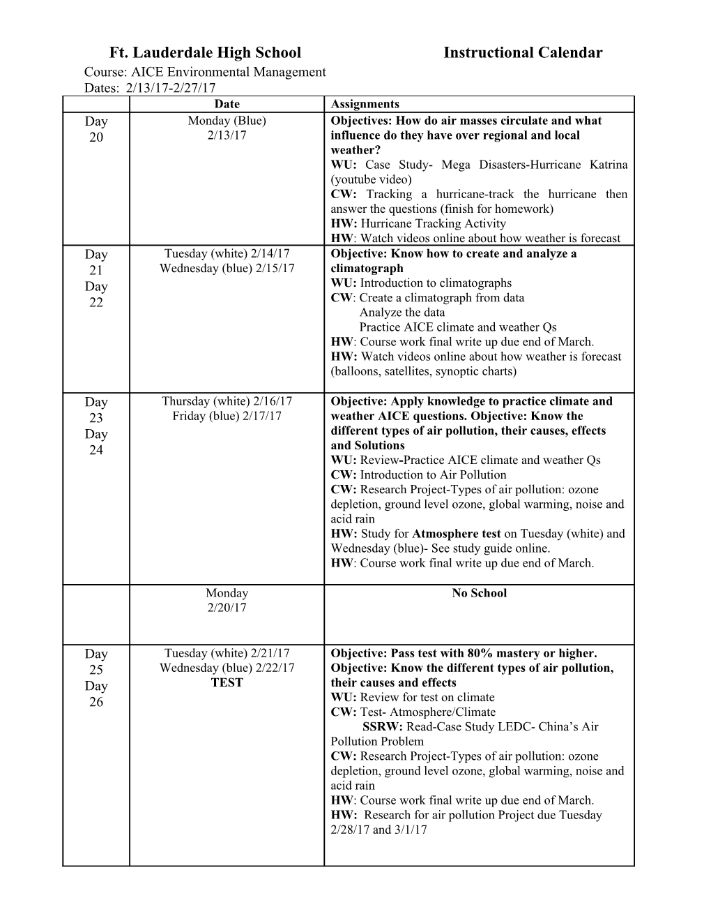 Ft. Lauderdale High School Instructional Calendar