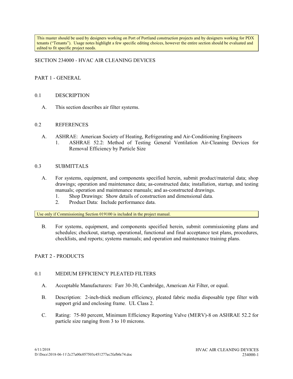 Section 234000 - Hvac Air Cleaning Devices