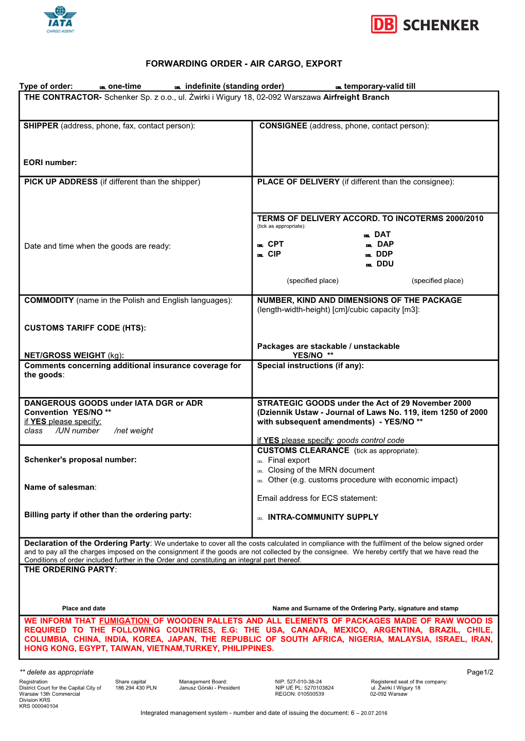 Forwarding Order - Air Cargo, Export