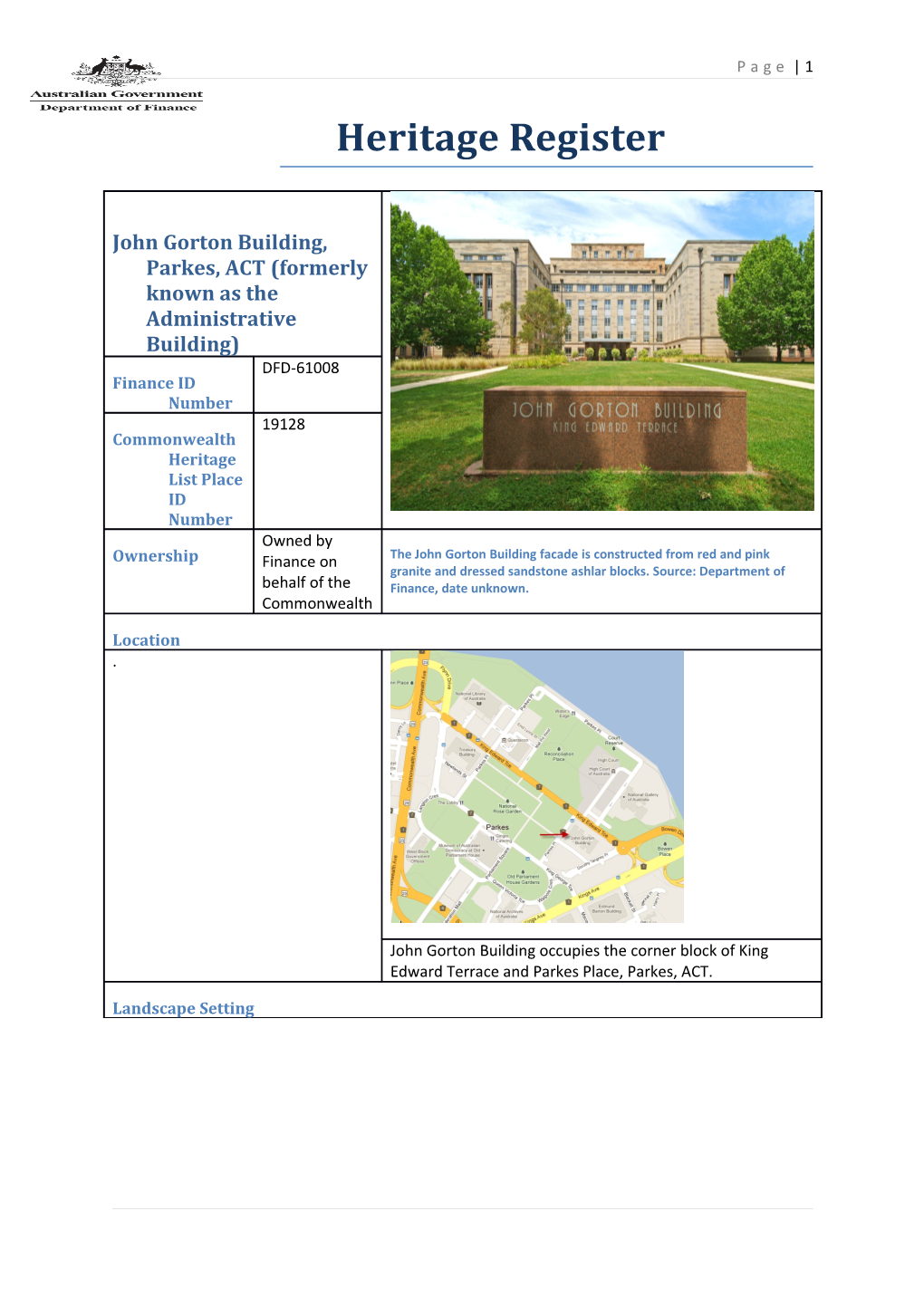 Heritage Register - John Gorton Building, Parkes, ACT (Formerly Known As the Administrative