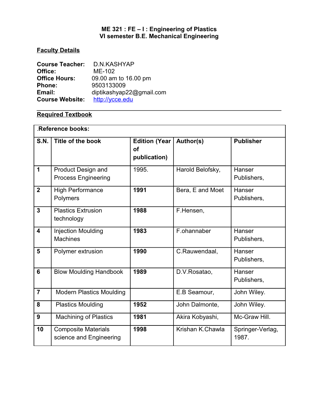 ME 321 : FE I: Engineering of Plastics