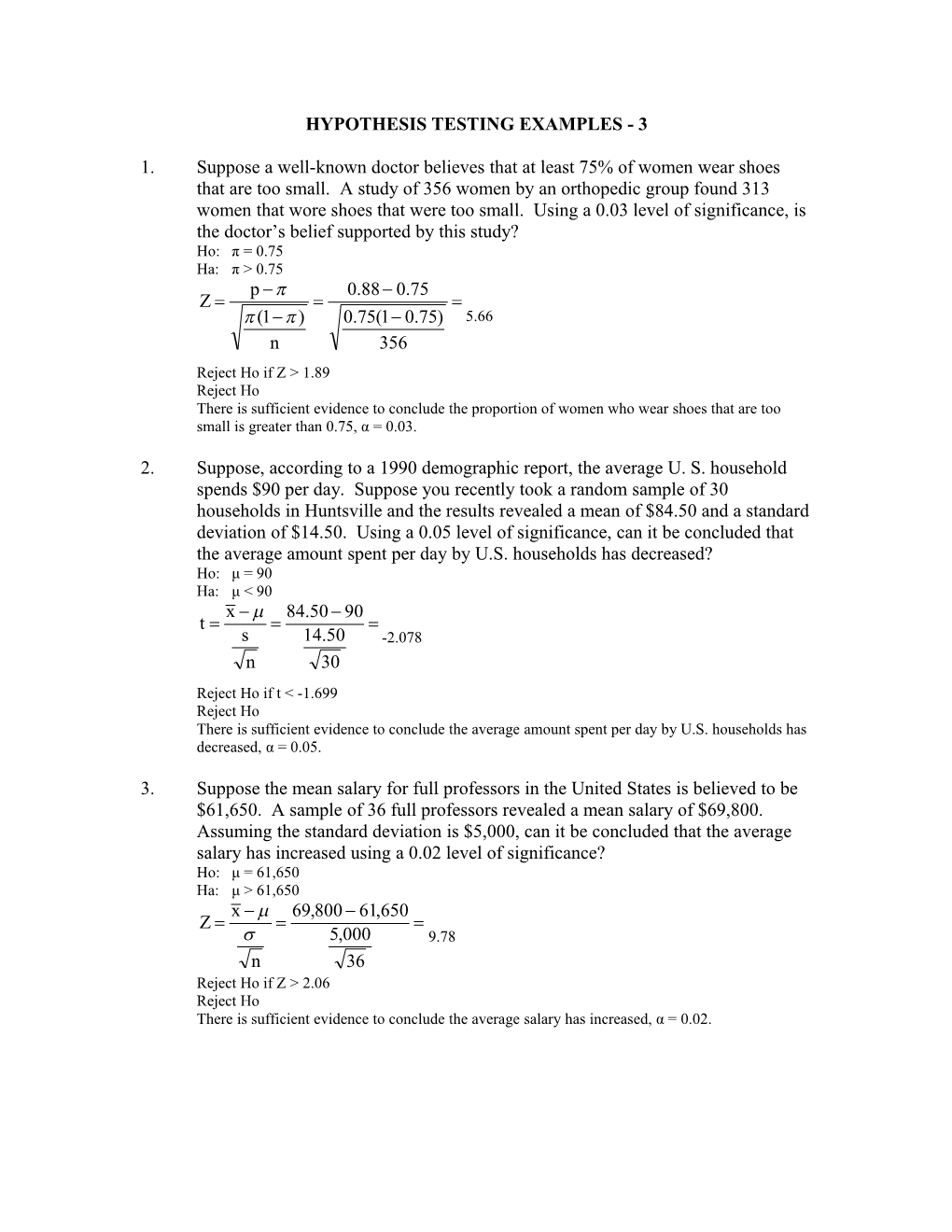 Hypothesis Testing Examples