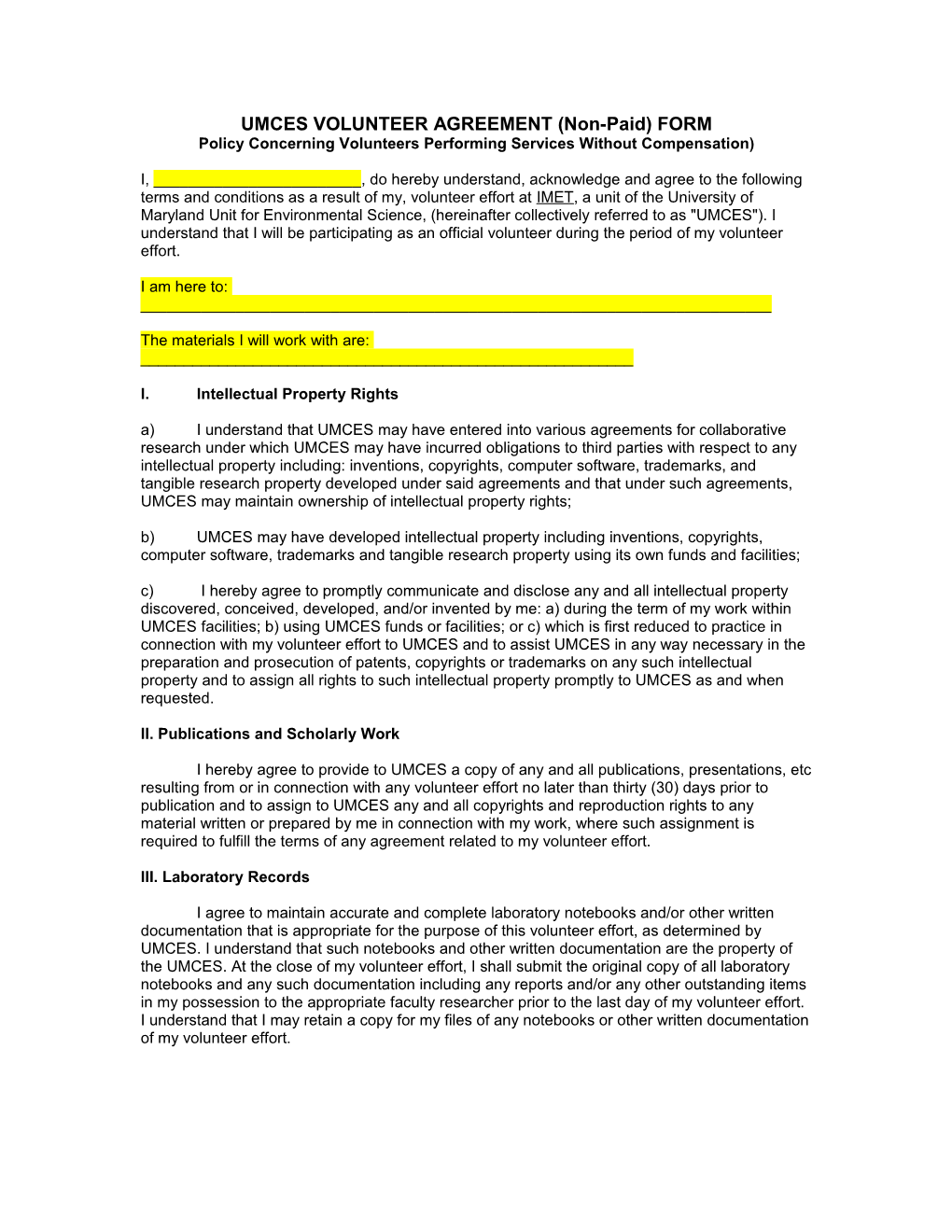 UMCES VOLUNTEER AGREEMENT (Non-Paid) FORM