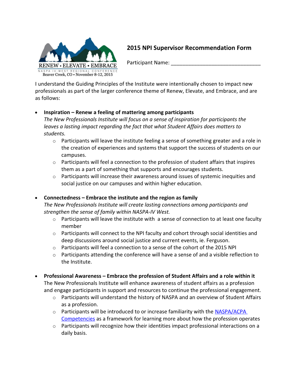 2015 NPI Supervisor Recommendation Form