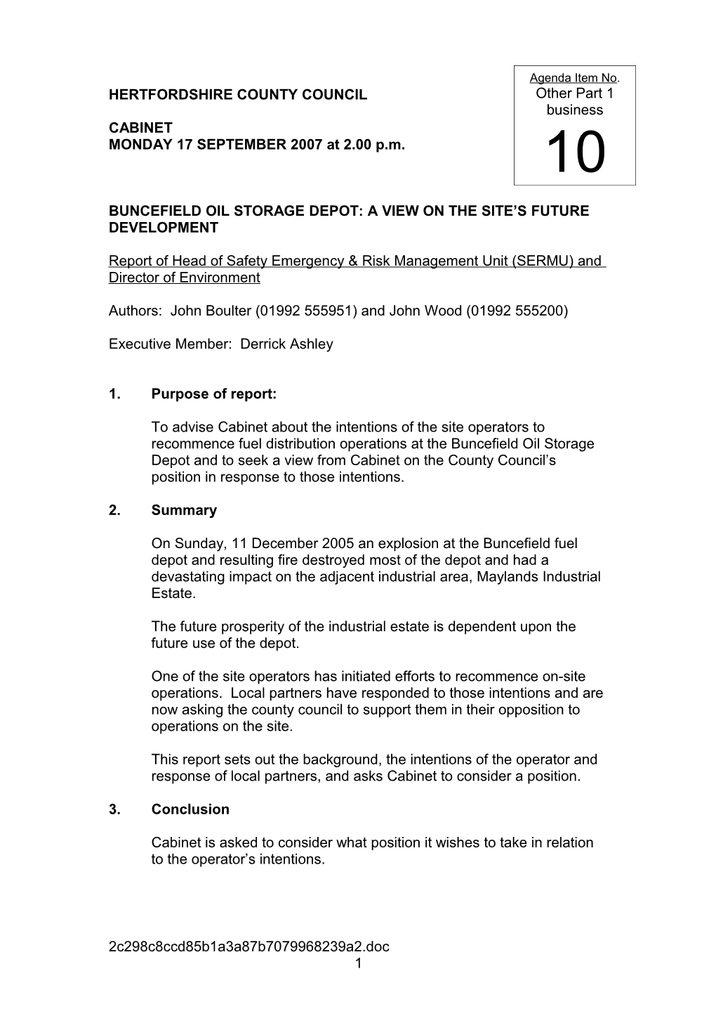 Buncefield Oil Storage Depot: a View on the Site S Future Development