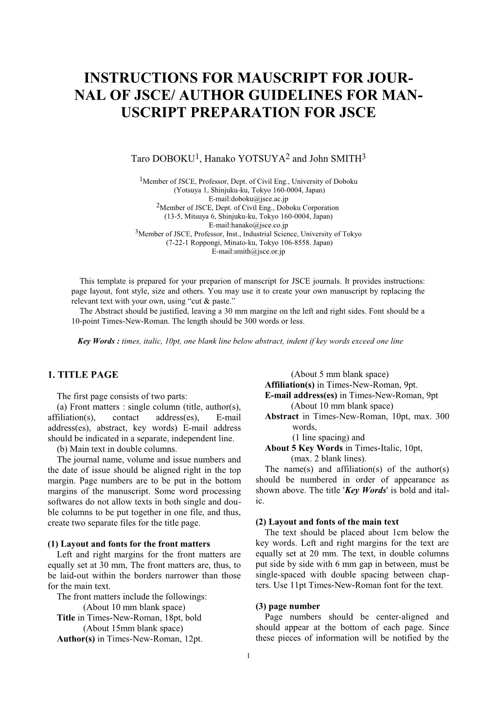 Instructions for Mauscript for Journal of Jsce/ Author Guidelines for Manuscript Preparation