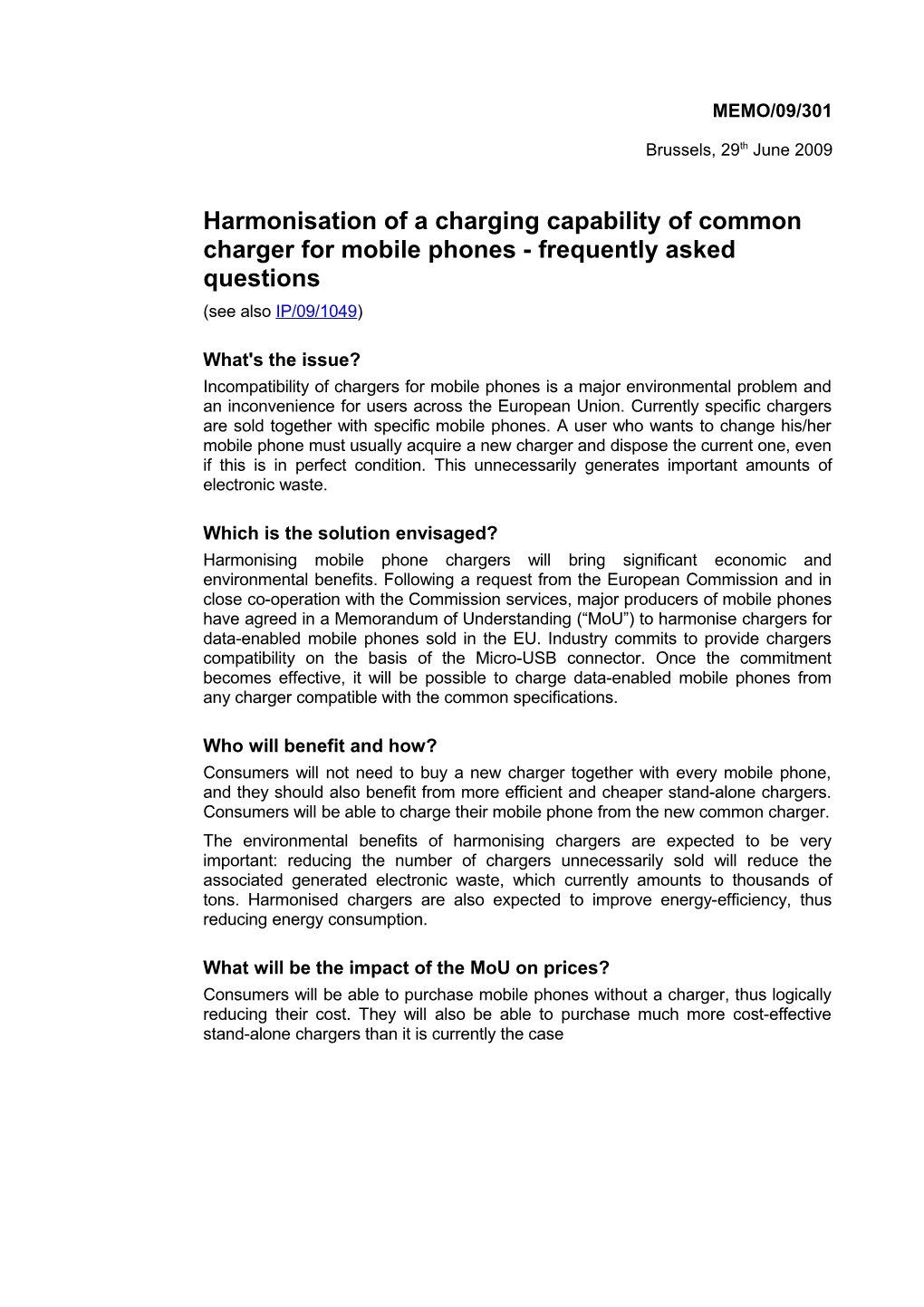 Harmonisation of a Charging Capability of Common Charger for Mobile Phones- Frequently