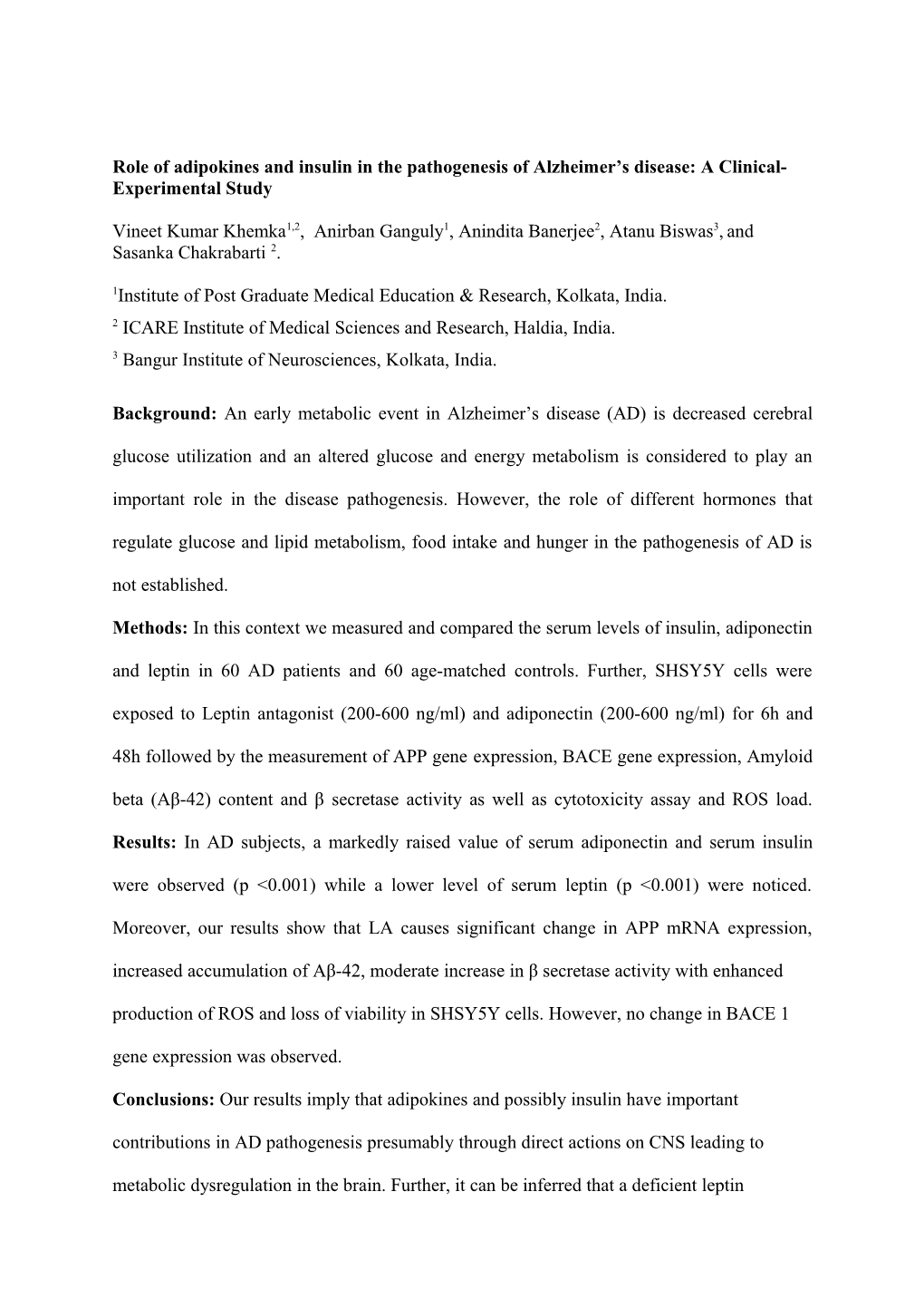 Role of Adipokines and Insulin in the Pathogenesis of Alzheimer S Disease: a Clinical