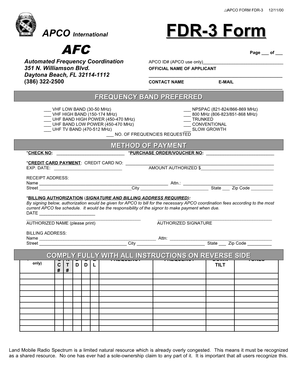 Apco Form Fdr-3 1/2000