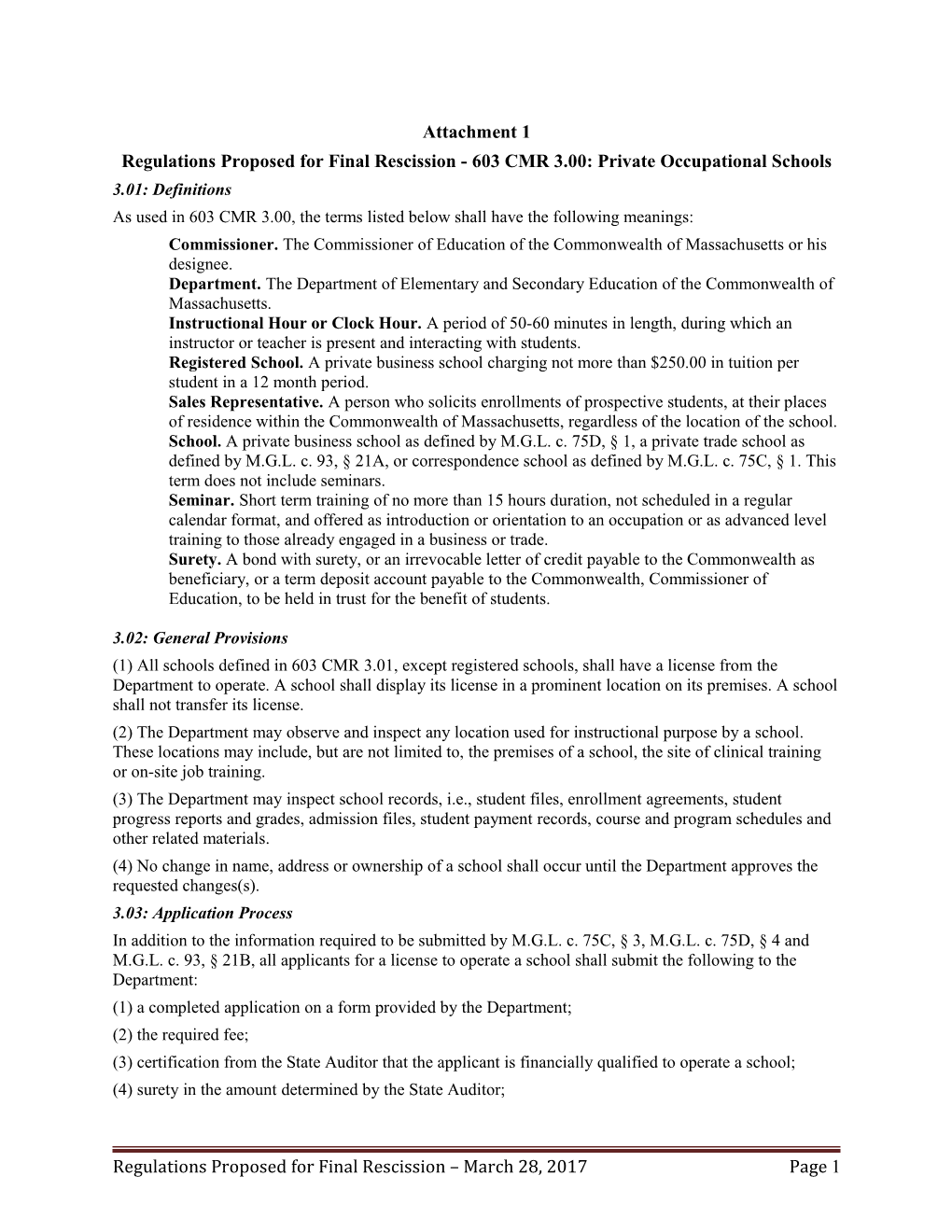 BESE March 2017: Regulations Proposed for Final Rescission