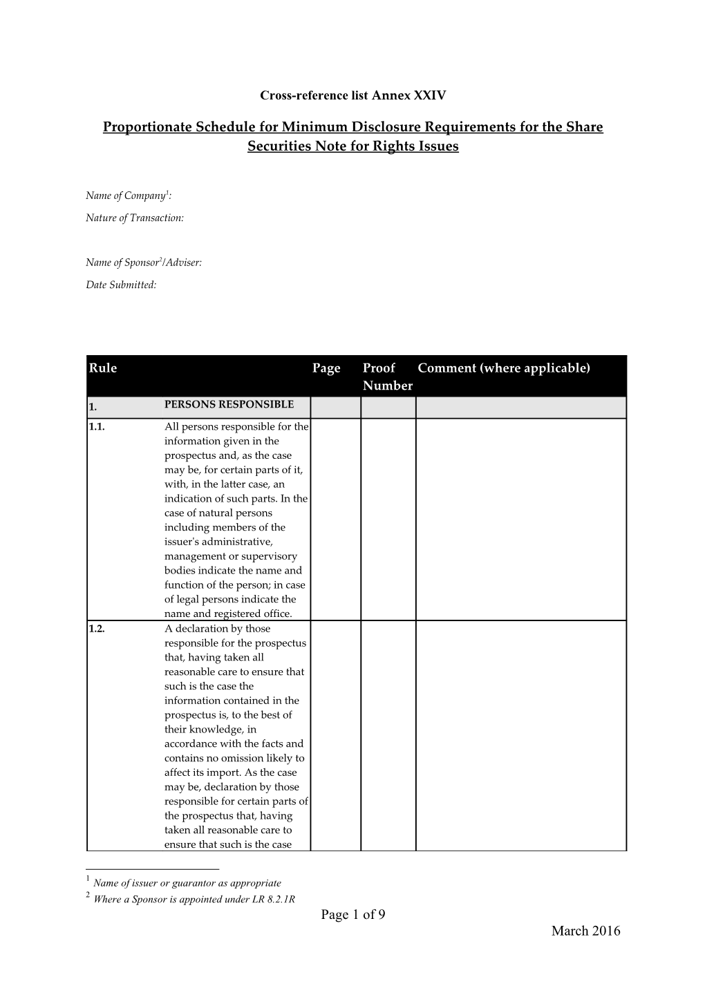 Cross-Reference List Annex XXIV