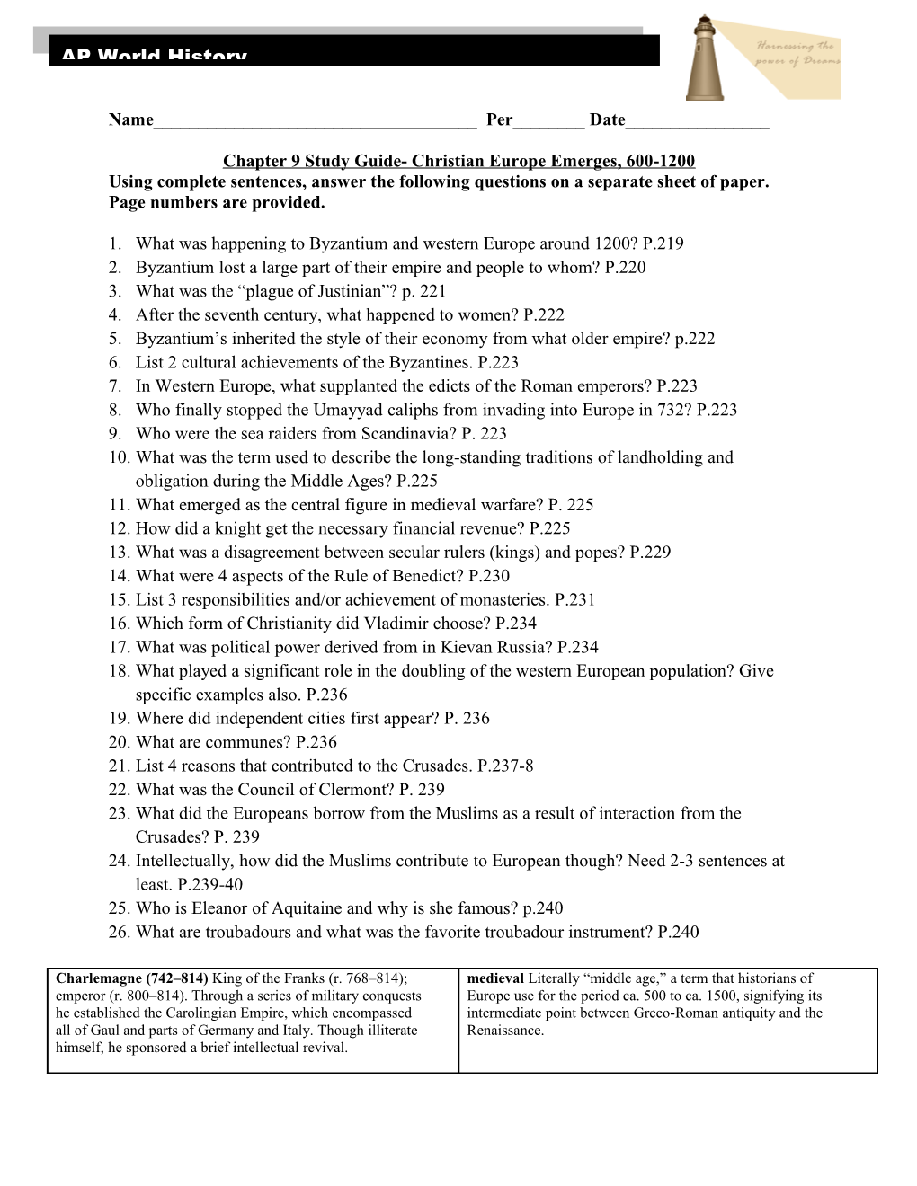 Chapter 9 Study Guide- Christian Europe Emerges, 600-1200