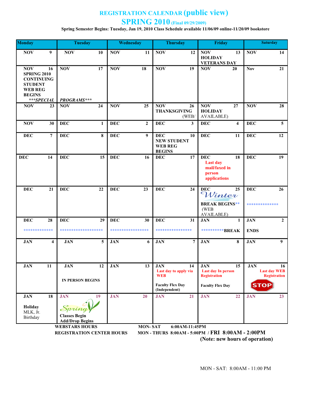 REGISTRATION CALENDAR (Public View)