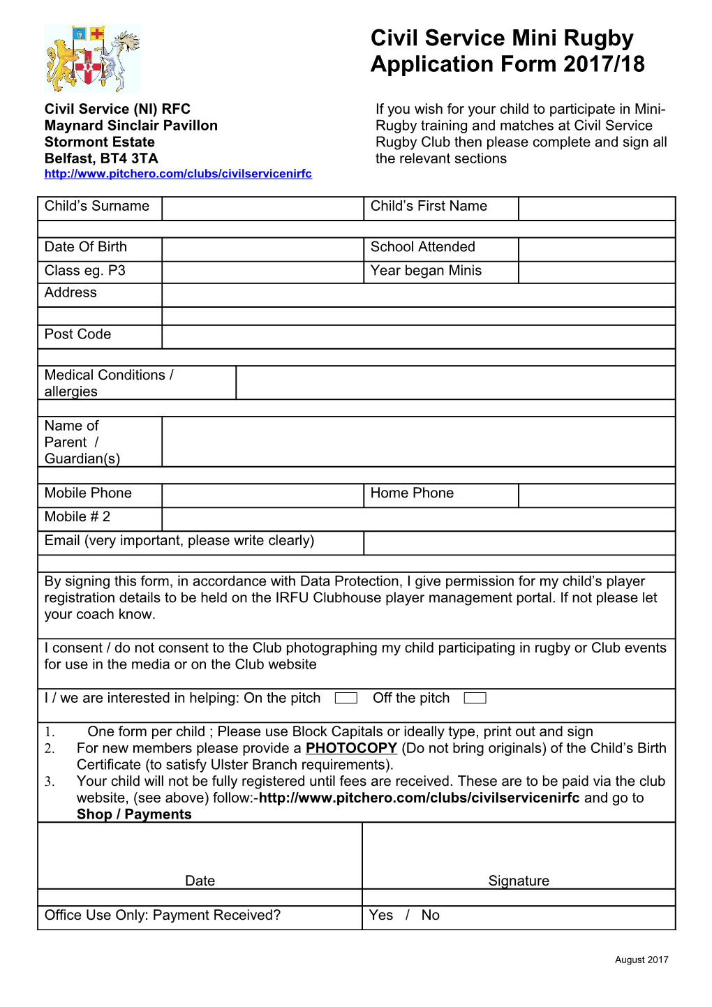 Mini Rugby Registration Form 2010/11