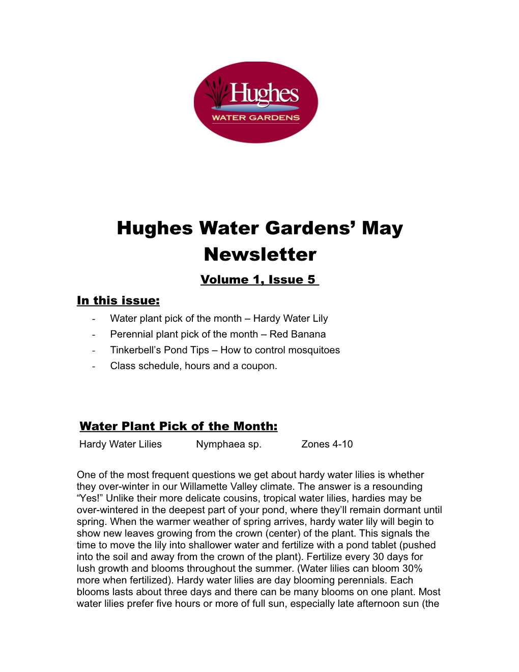 Hughes Water Gardens April Newsletter