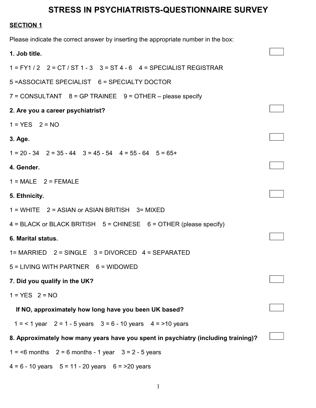Stress Questionnaire for Psychiatrists