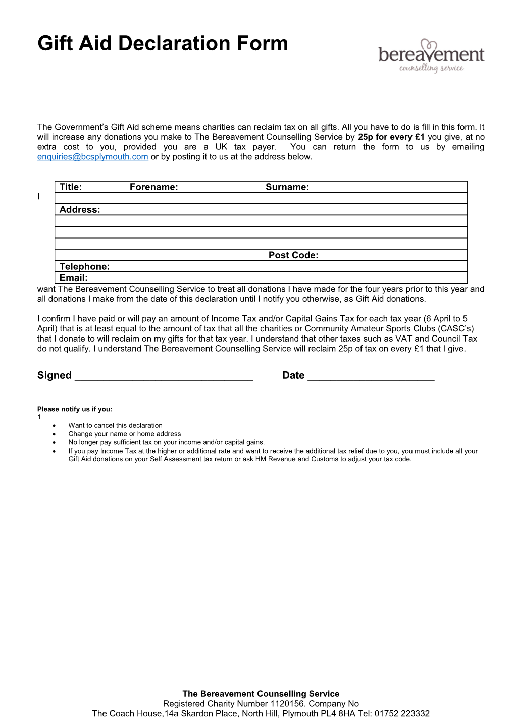 Gift Aid Declaration Form