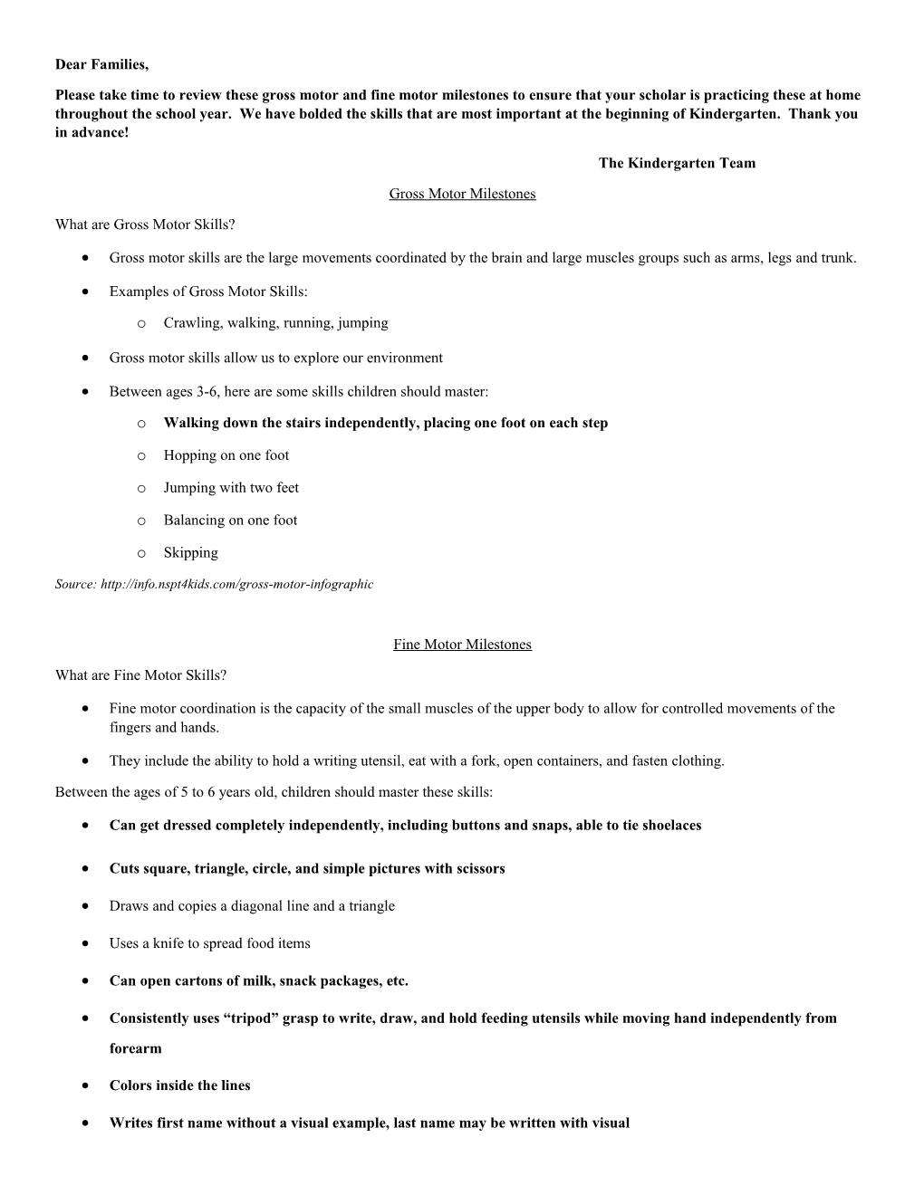 Please Take Time to Review These Gross Motor and Fine Motor Milestones to Ensure That