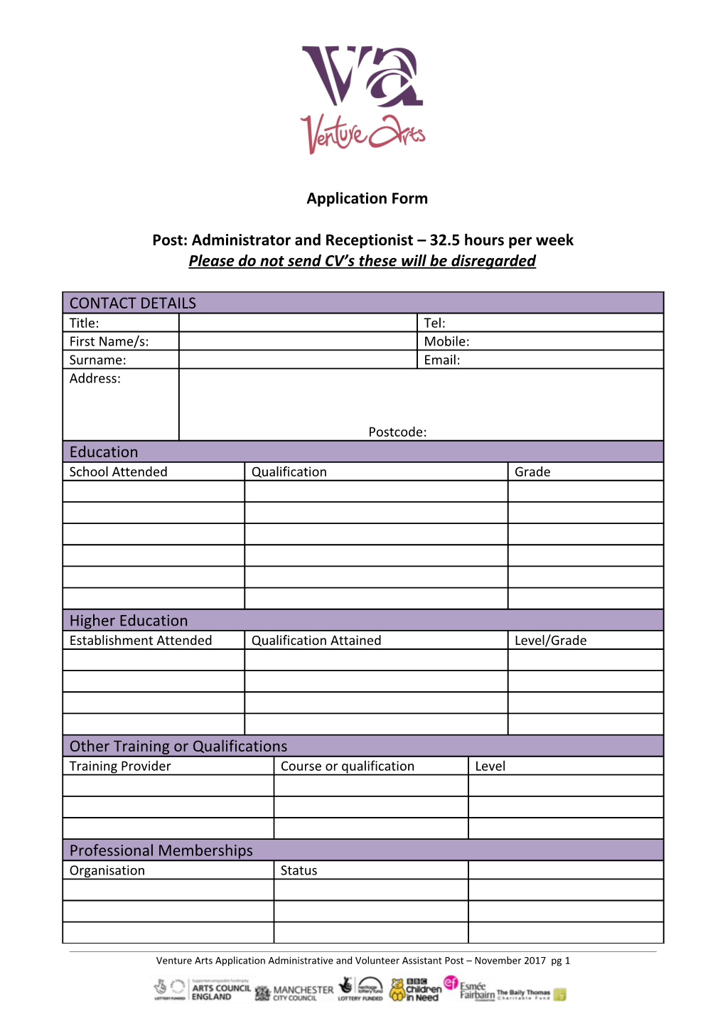 Venture Arts Application Form