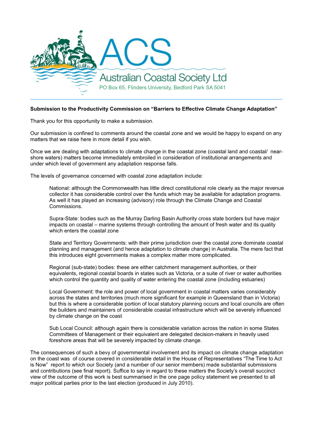 Submission 15 - Australian Coastal Society - Barriers to Effective Climate Change Adaptation