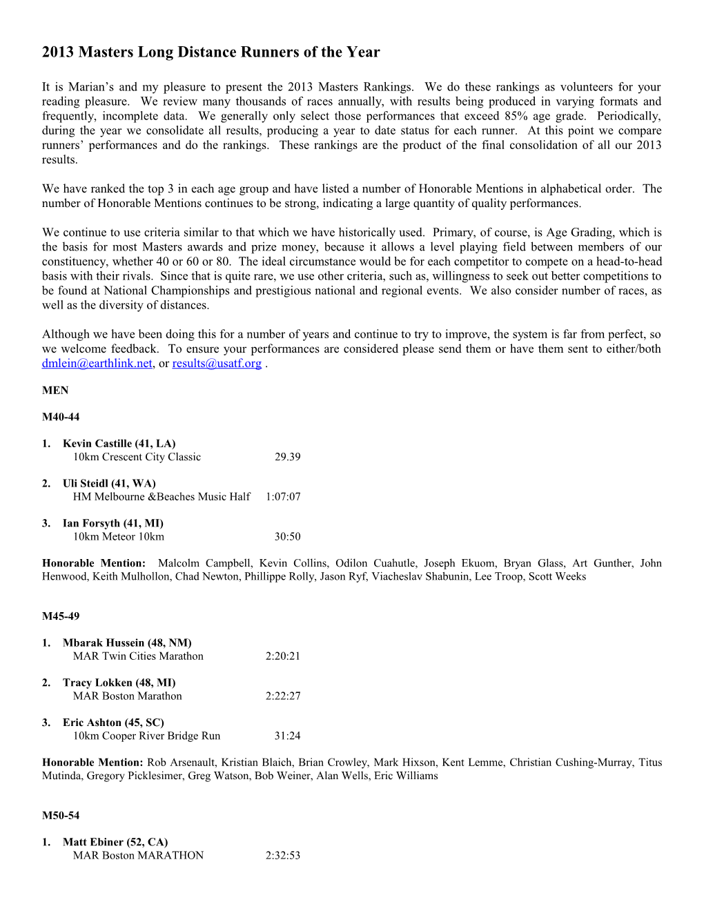 2013 Masters Long Distance Runners of the Year