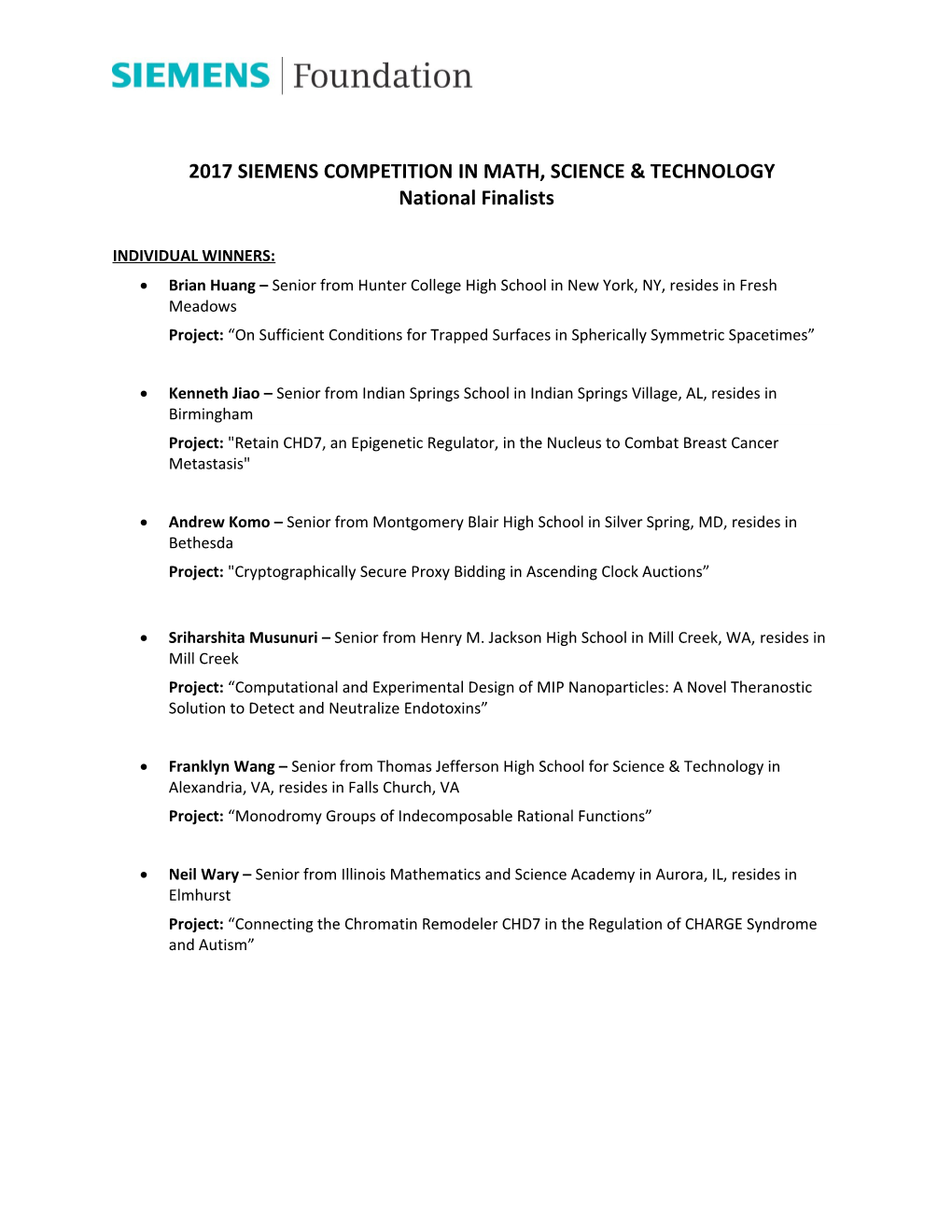 2017 Siemens Competition in Math, Science & Technology