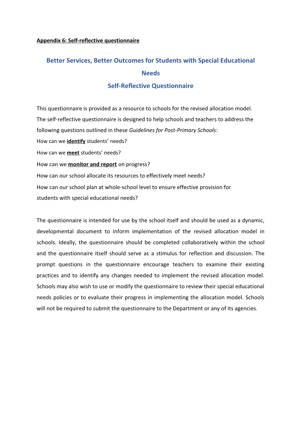 Appendix 6: Self-Reflective Questionnaire