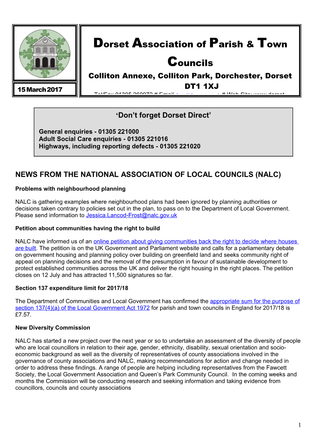 News from the National Association of Local Councils (Nalc)