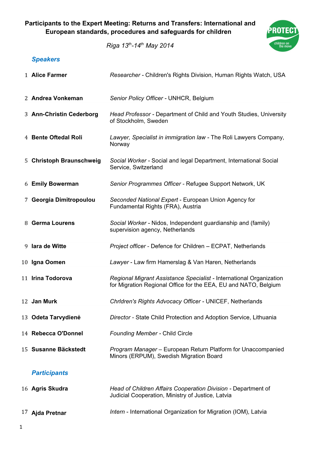 Participants to the Expert Meeting: Returns and Transfers: International and European