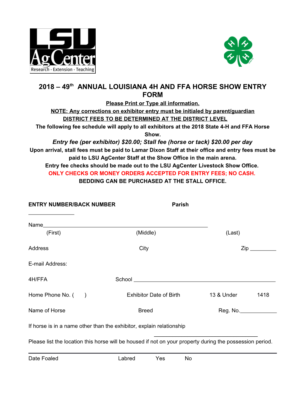 2018 49Th ANNUAL LOUISIANA 4H and FFA HORSE SHOW ENTRY FORM