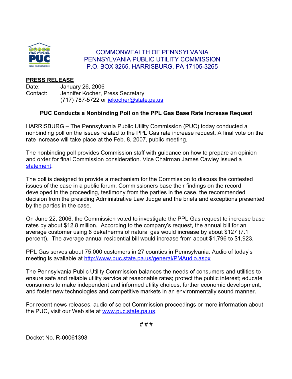 PUC Conducts a Nonbinding Poll on the PPL Gas Base Rate Increase Request