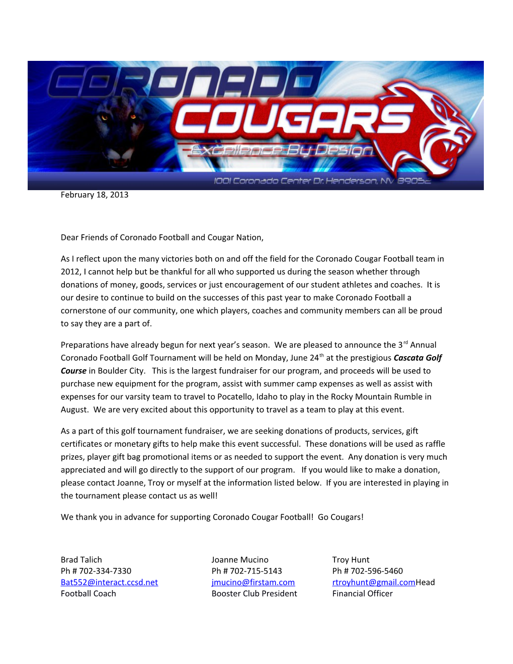 Dear Friends of Coronado Football and Cougar Nation