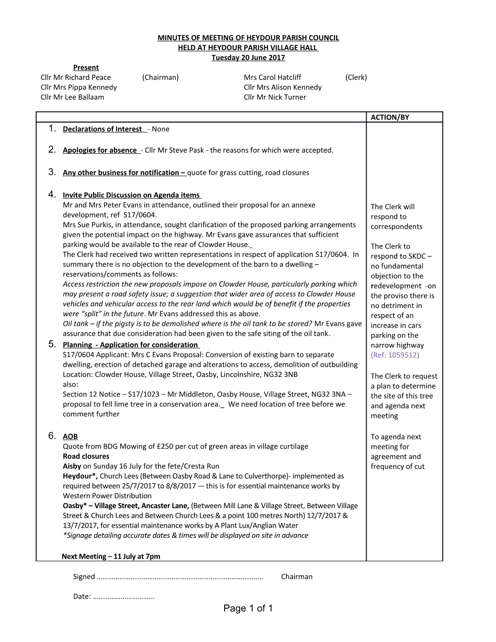 Minutes of Meeting of Heydour Parish Council