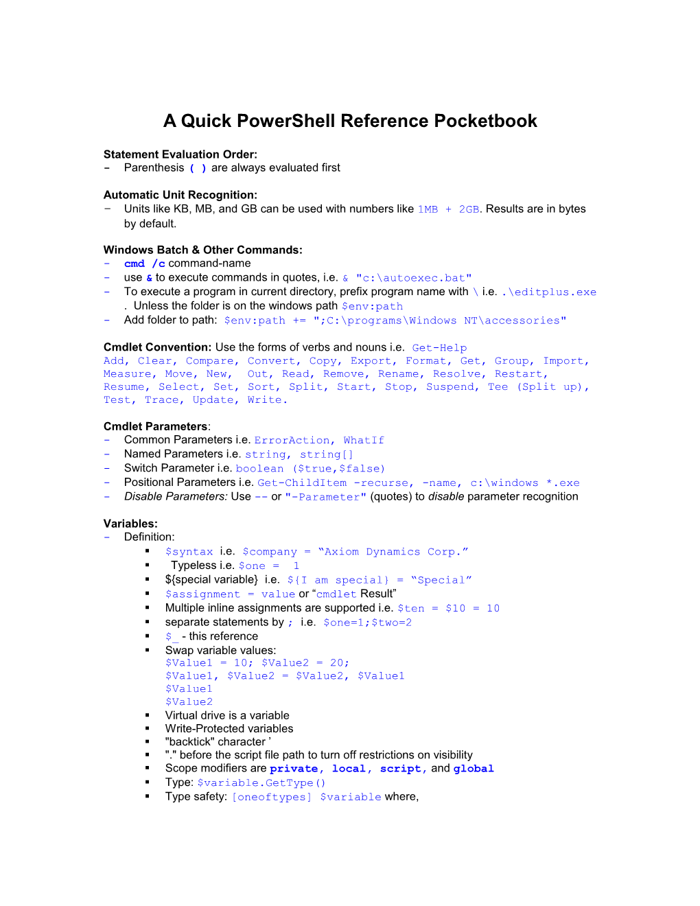 A Quick Powershell Reference Pocketbook