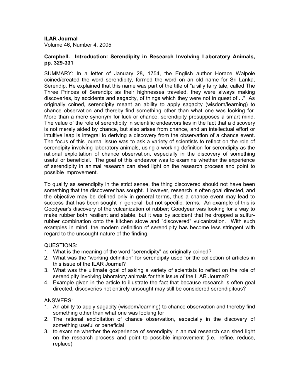 Campbell. Introduction: Serendipity in Research Involving Laboratory Animals, Pp. 329-331