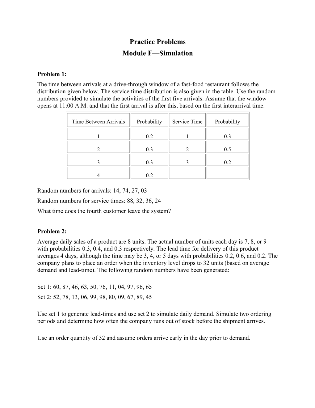 Practice Problems: Module F, Simulation s1