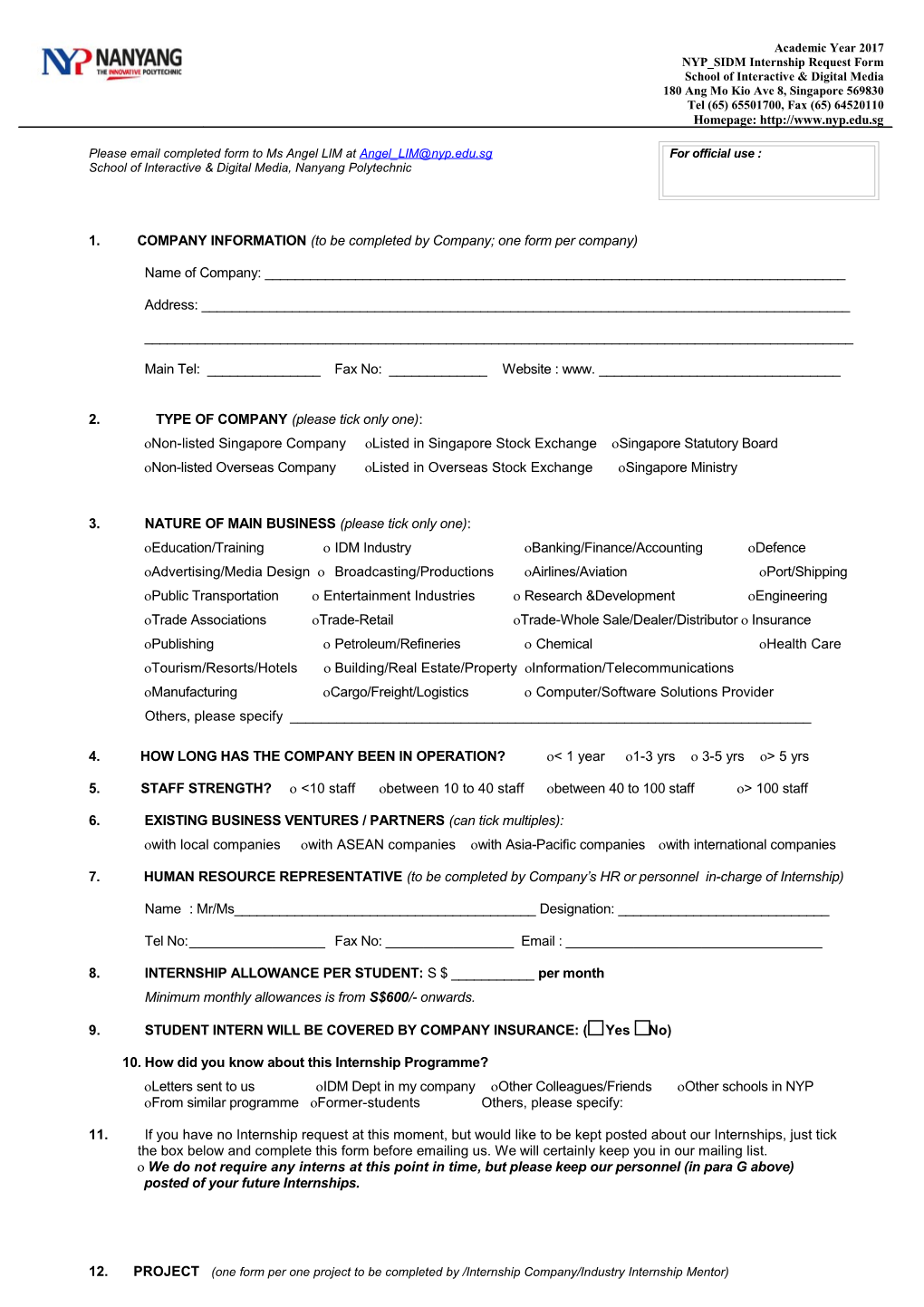 1. COMPANY INFORMATION (To Be Completed by Company; One Form Per Company)