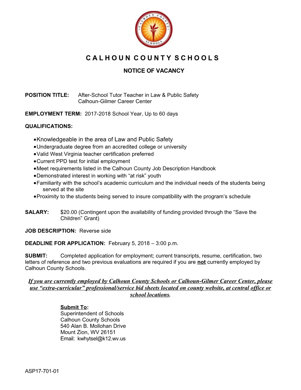 POSITION TITLE: After-School Tutor Teacher in Law & Public Safety