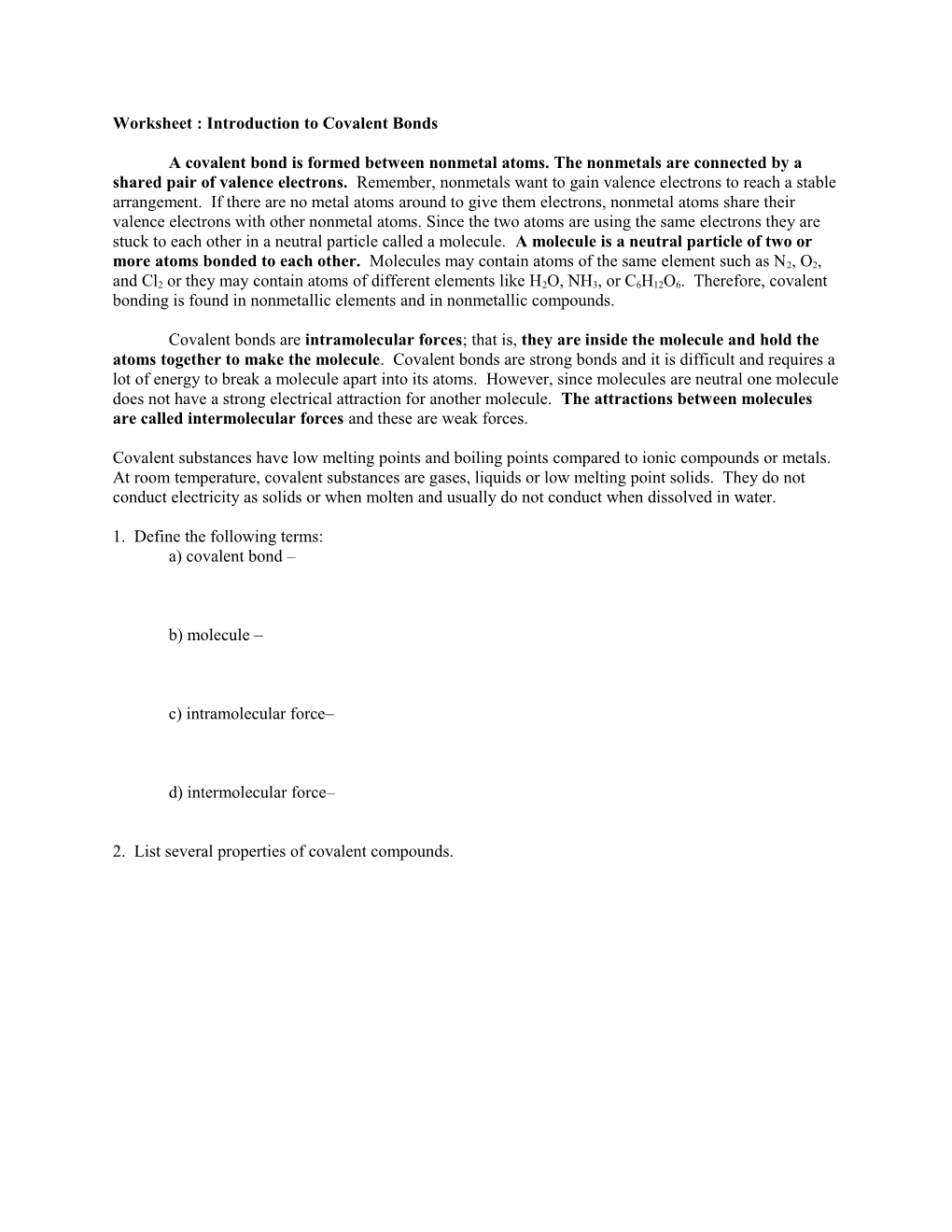 Worksheet : Introduction to Covalent Bonds