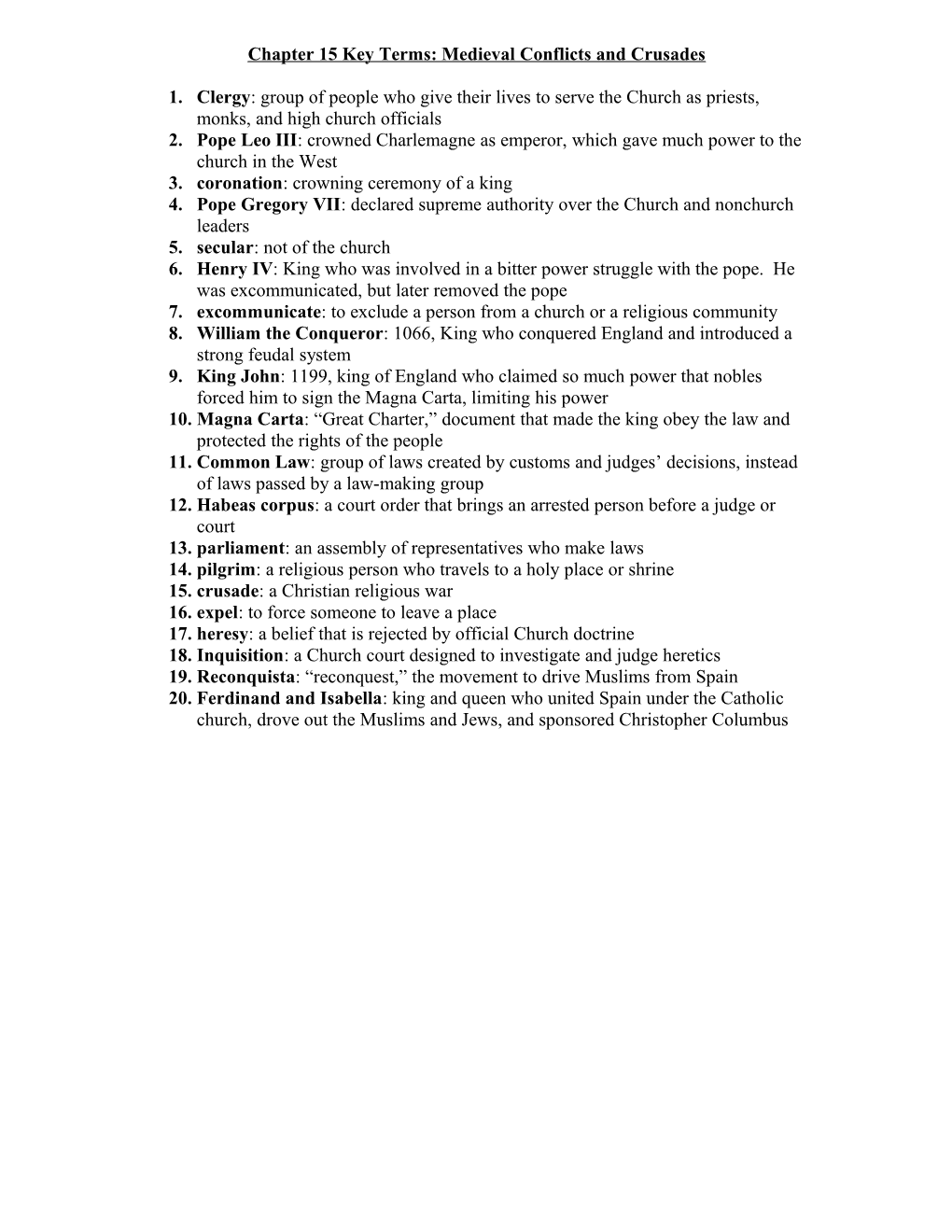 Chapter 15 Key Terms: Medieval Conflicts and Crusades