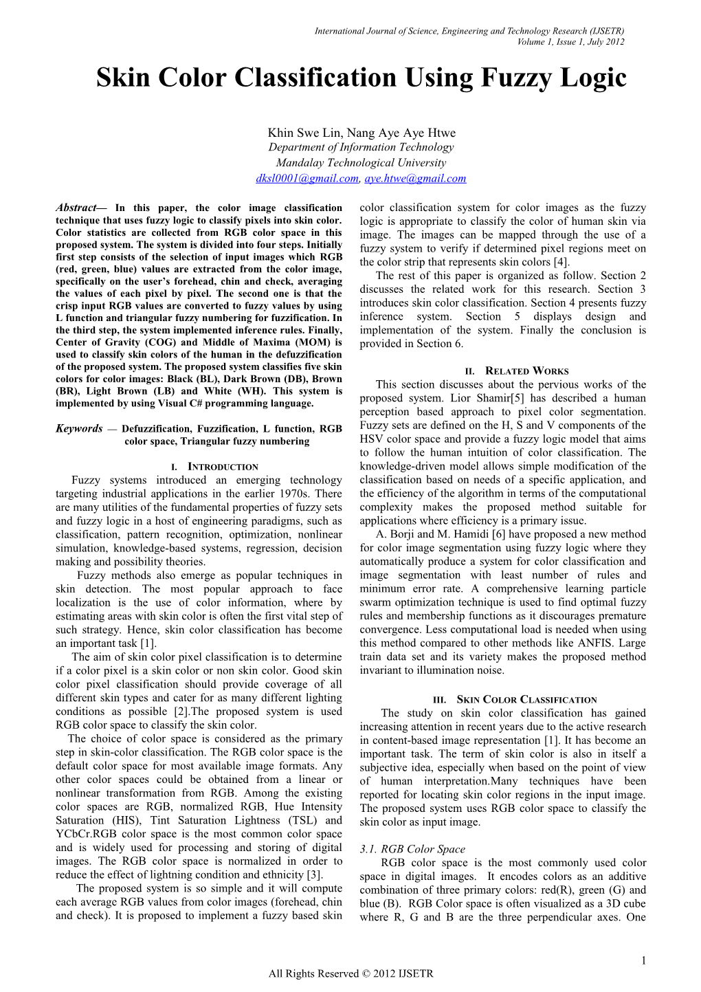 Skin Color Classification Using Fuzzy Logic