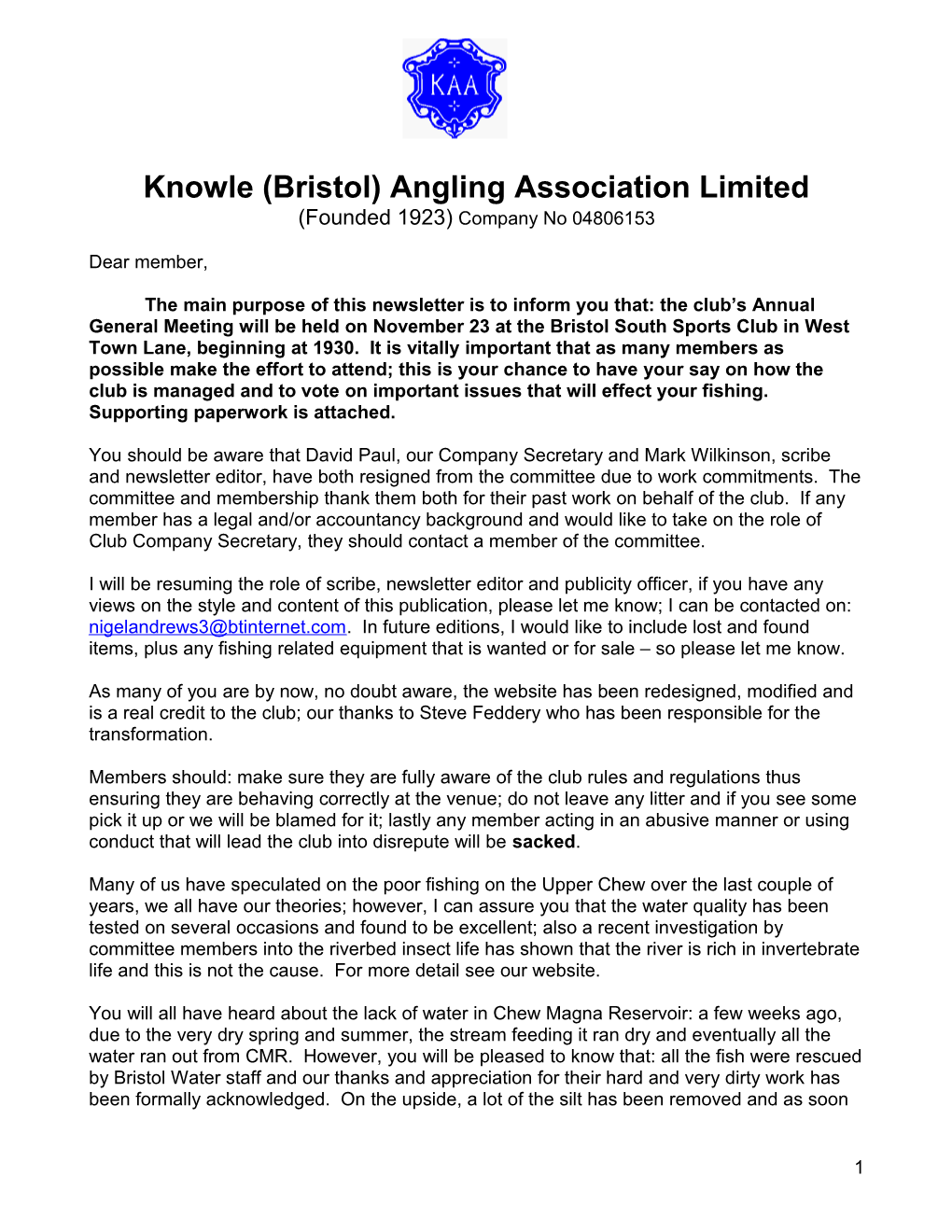 Knowle (Bristol) Angling Association Limited