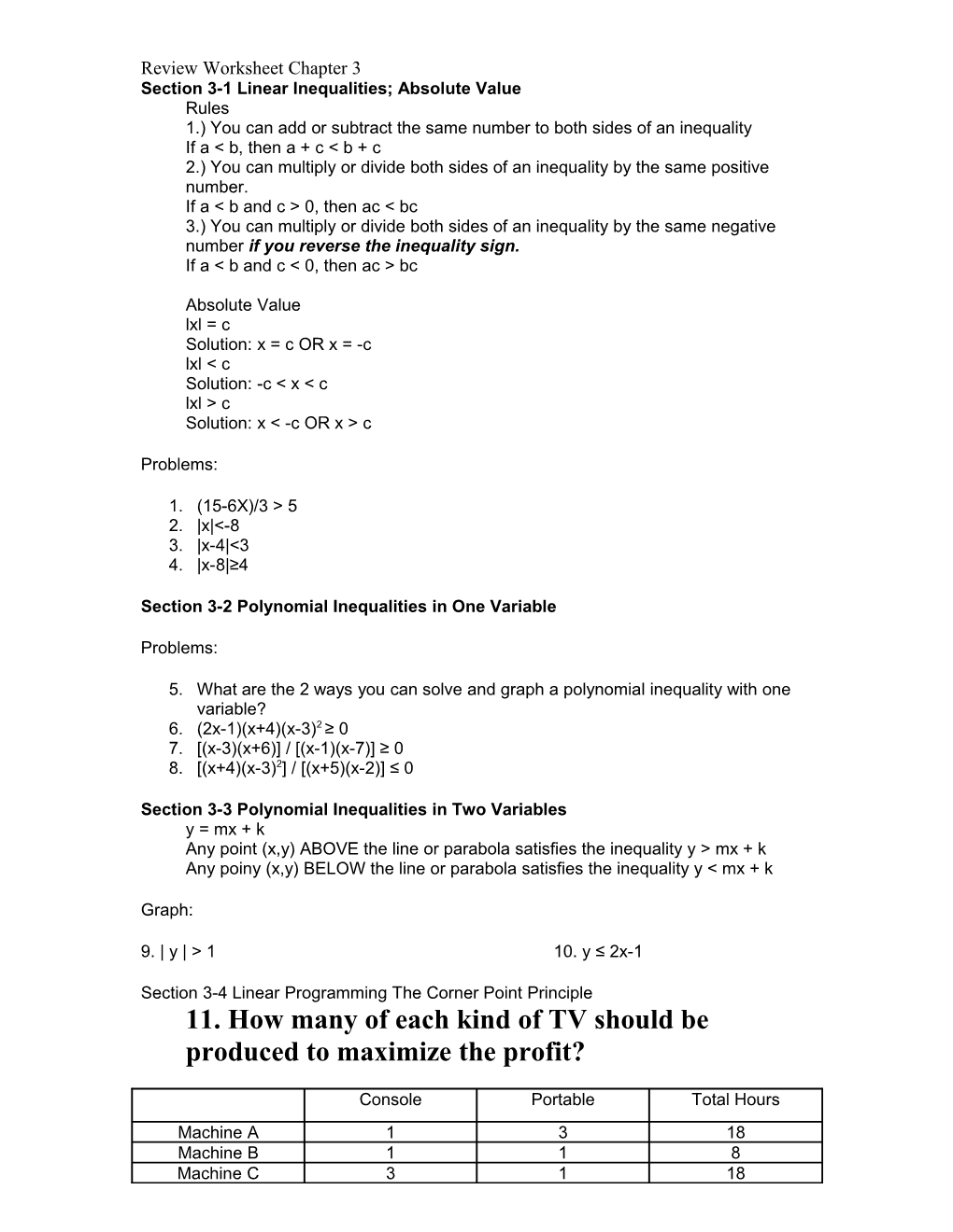 Section 3-1 Linear Inequalities; Absolute Value